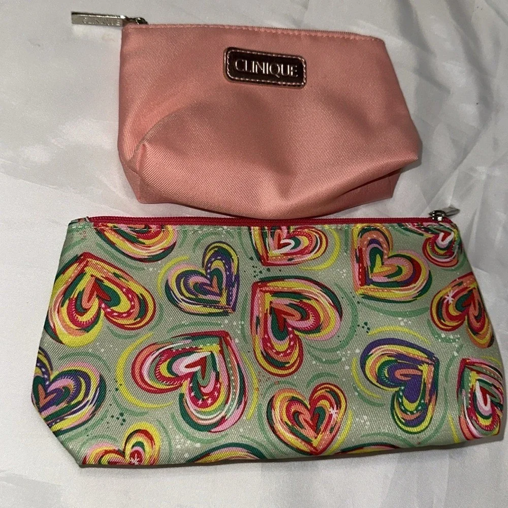 Clinique Makeup Bag Set 2 Piece Peach Pink Solid and Multi Color Heart Pattern